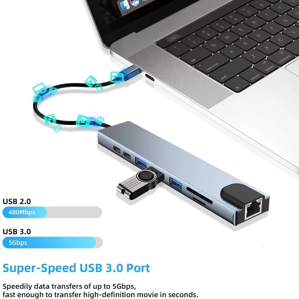 8-in-1 USB-C Docking Station – 4K HDMI, Gigabit-Style RJ45, SD/TF Card Reader, 100W PD