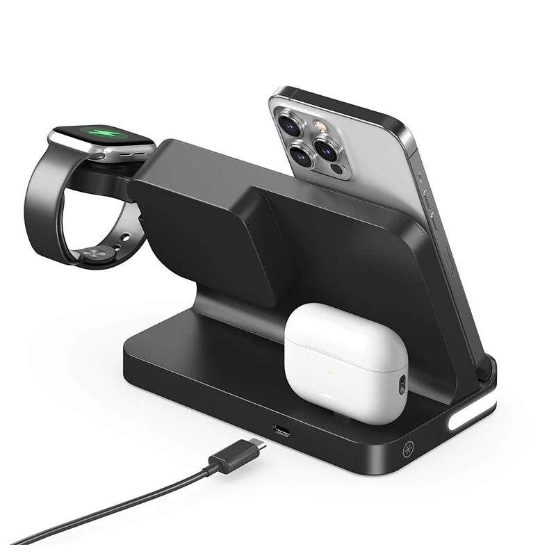 4-in-1 Desktop Wireless Charging Station with Digital Clock — 15W Qi, USB-A Port