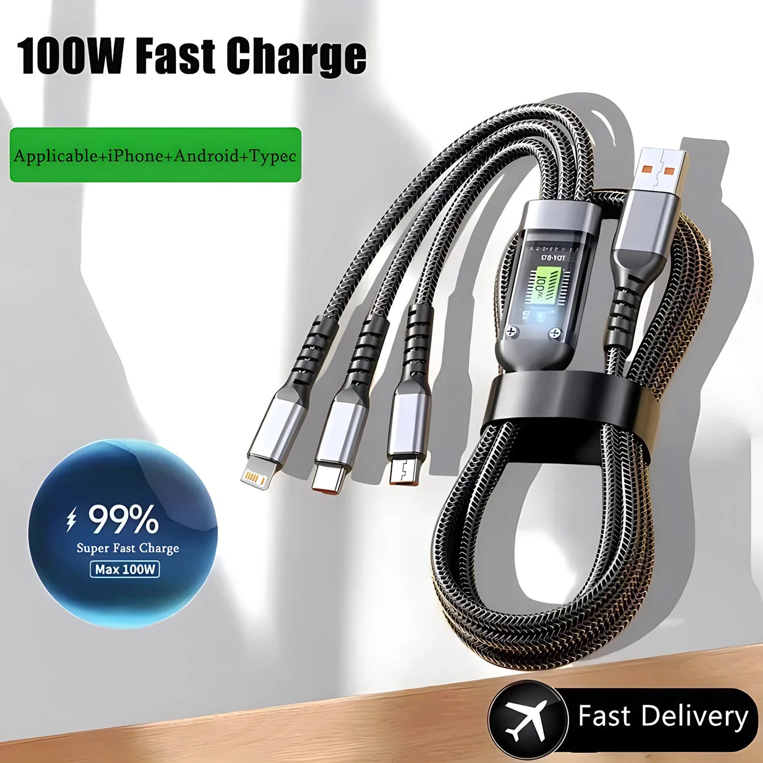 3-in-1 Nylon Braided Fast Charging Cable — USB-C, Lightning & Micro USB, 100W