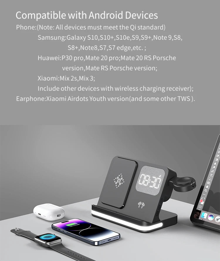 4-in-1 Desktop Wireless Charging Station with Digital Clock — 15W Qi, USB-A Port