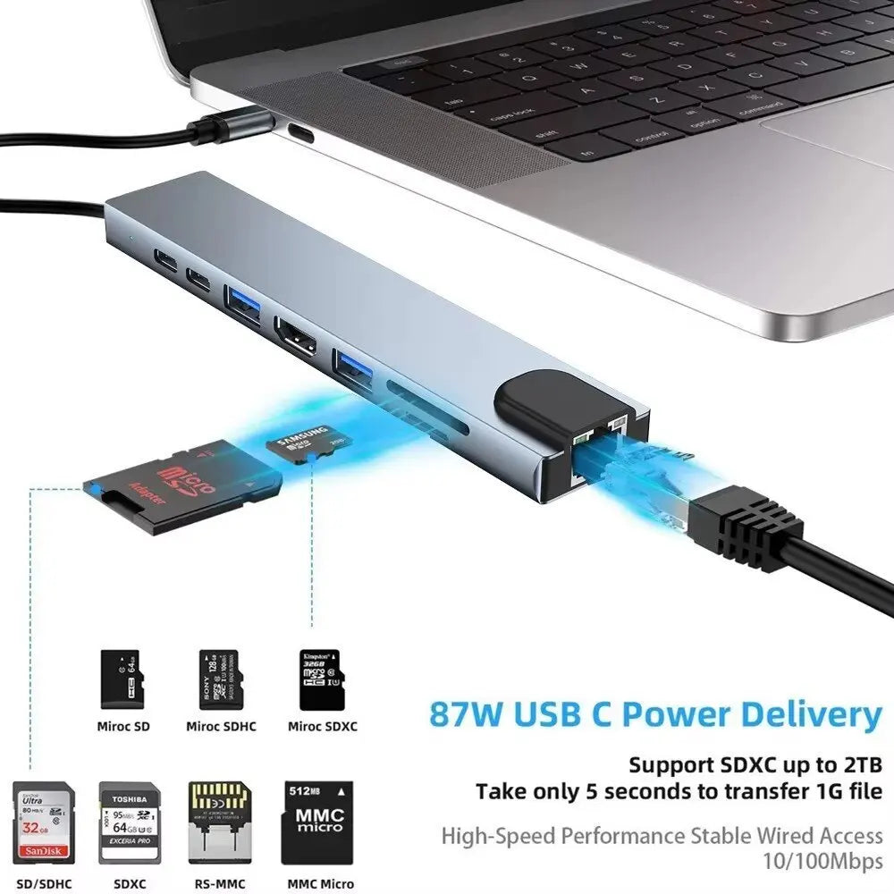 8-in-1 USB-C Docking Station – 4K HDMI, Gigabit-Style RJ45, SD/TF Card Reader, 100W PD