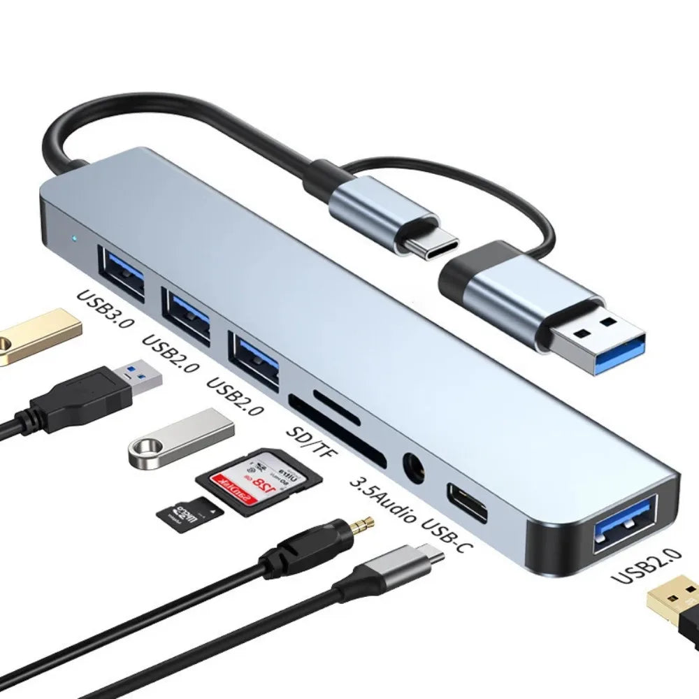 8-in-2 USB-C & USB-A Docking Hub – 3.5mm Audio, SD/TF Card Reader, USB 3.0