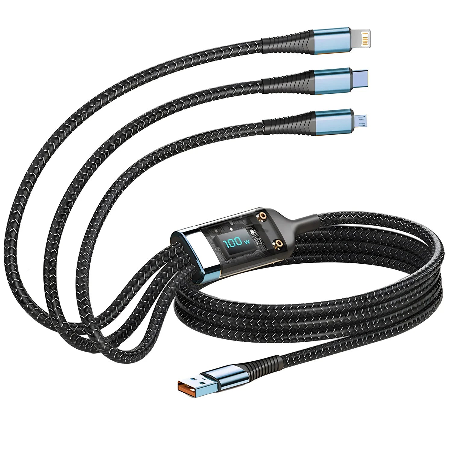 3-in-1 Nylon Braided Fast Charging Cable — USB-C, Lightning & Micro USB, 100W