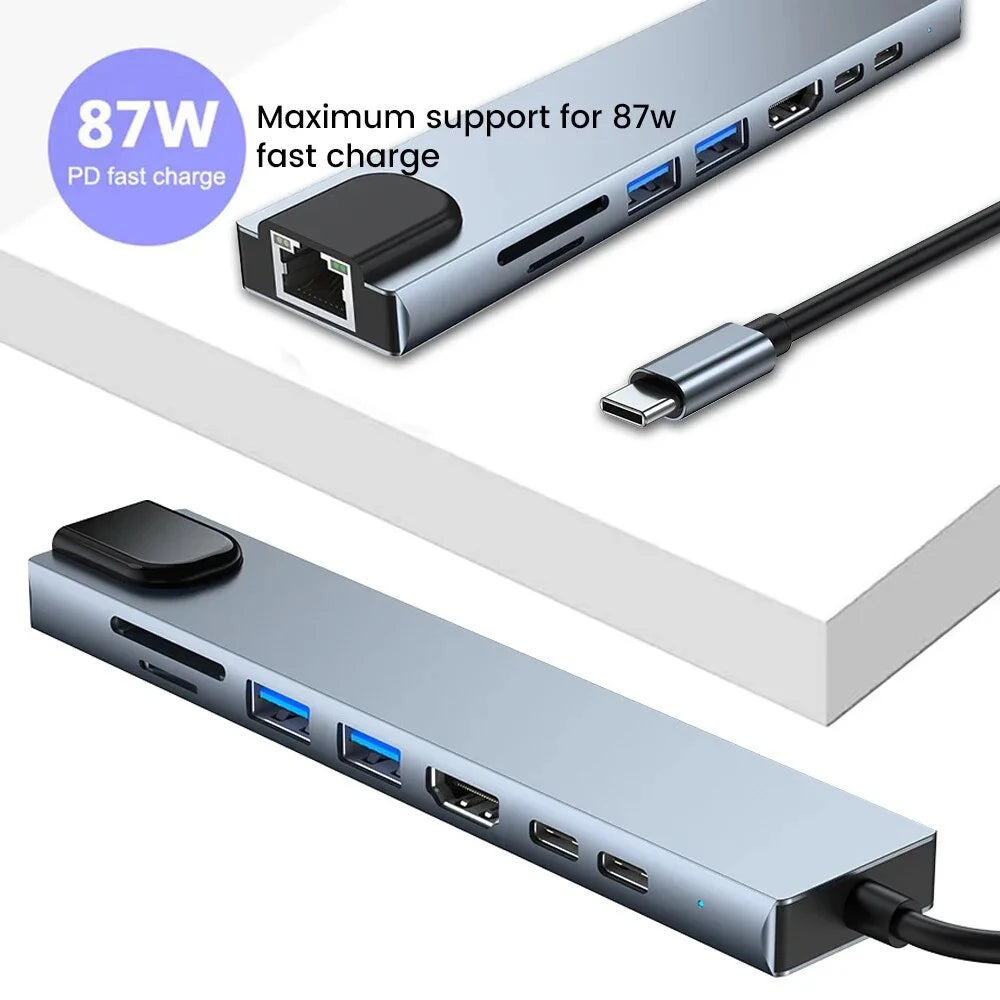 8-in-1 USB-C Docking Station – 4K HDMI, Gigabit-Style RJ45, SD/TF Card Reader, 100W PD