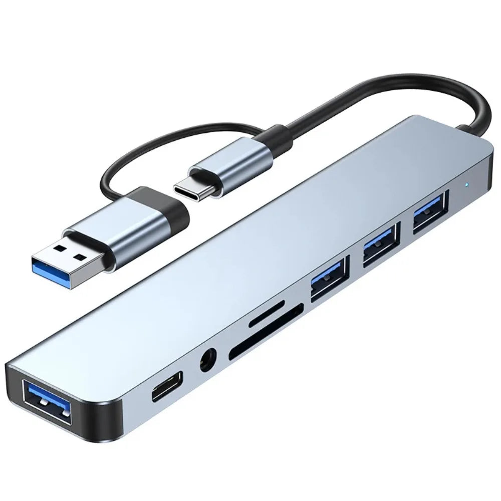8-in-2 USB-C & USB-A Docking Hub – 3.5mm Audio, SD/TF Card Reader, USB 3.0