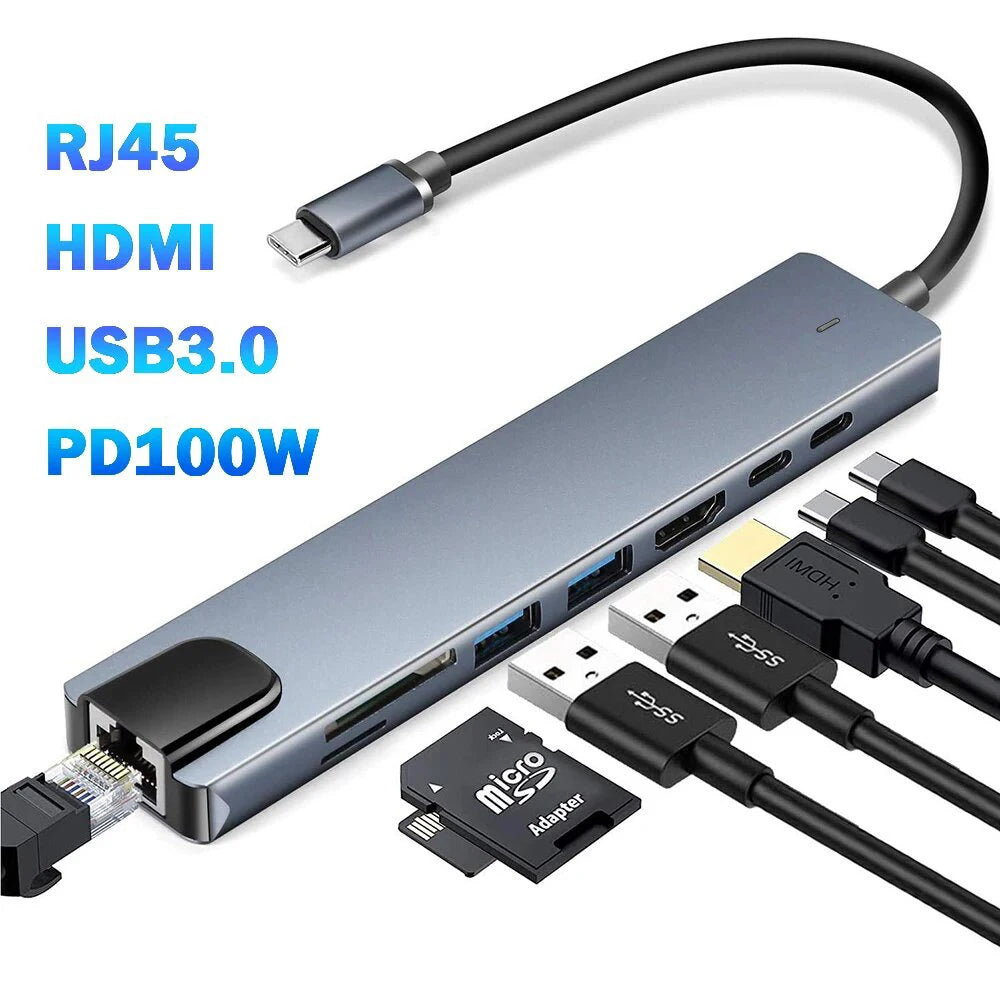 8-in-1 USB-C Docking Station – 4K HDMI, Gigabit-Style RJ45, SD/TF Card Reader, 100W PD