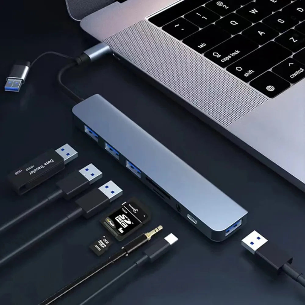 8-in-2 USB-C & USB-A Docking Hub – 3.5mm Audio, SD/TF Card Reader, USB 3.0