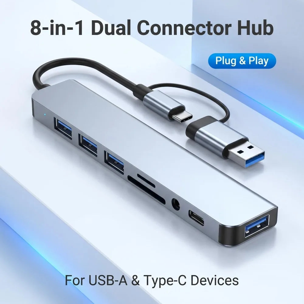 8-in-2 USB-C & USB-A Docking Hub – 3.5mm Audio, SD/TF Card Reader, USB 3.0