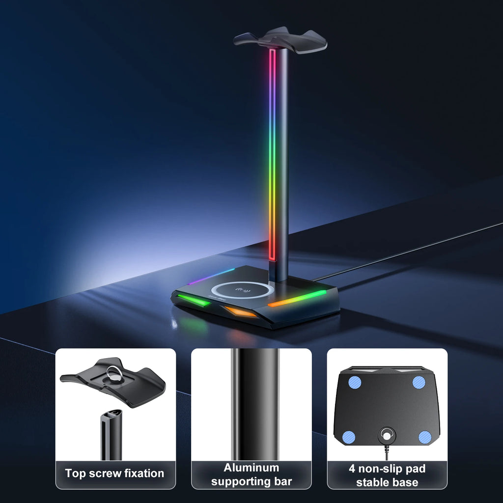 New Bee Z12 RGB Headphone Stand with 5W Qi Wireless Charging Base & USB Ports