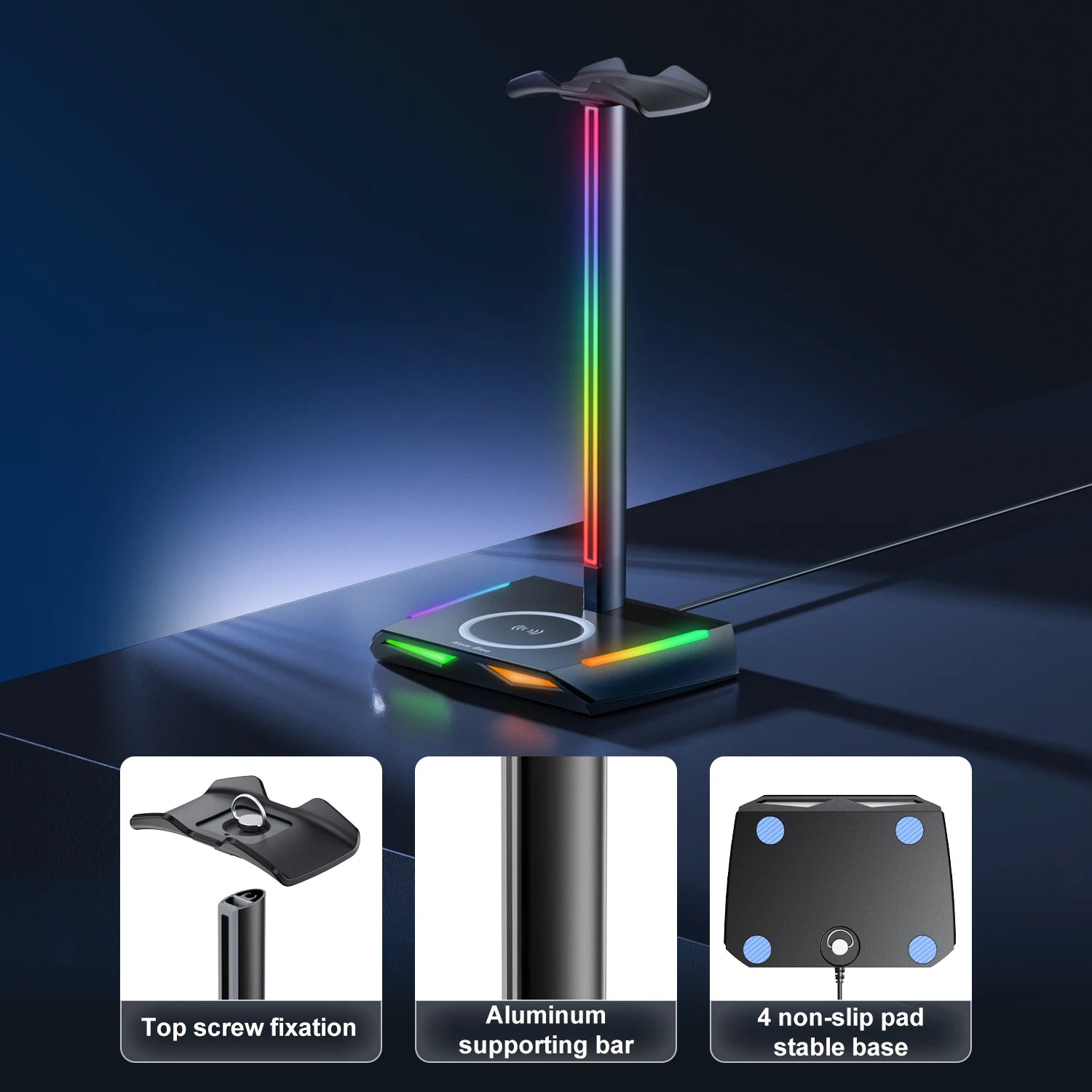 New Bee Z12 RGB Headphone Stand with 5W Qi Wireless Charging Base & USB Ports
